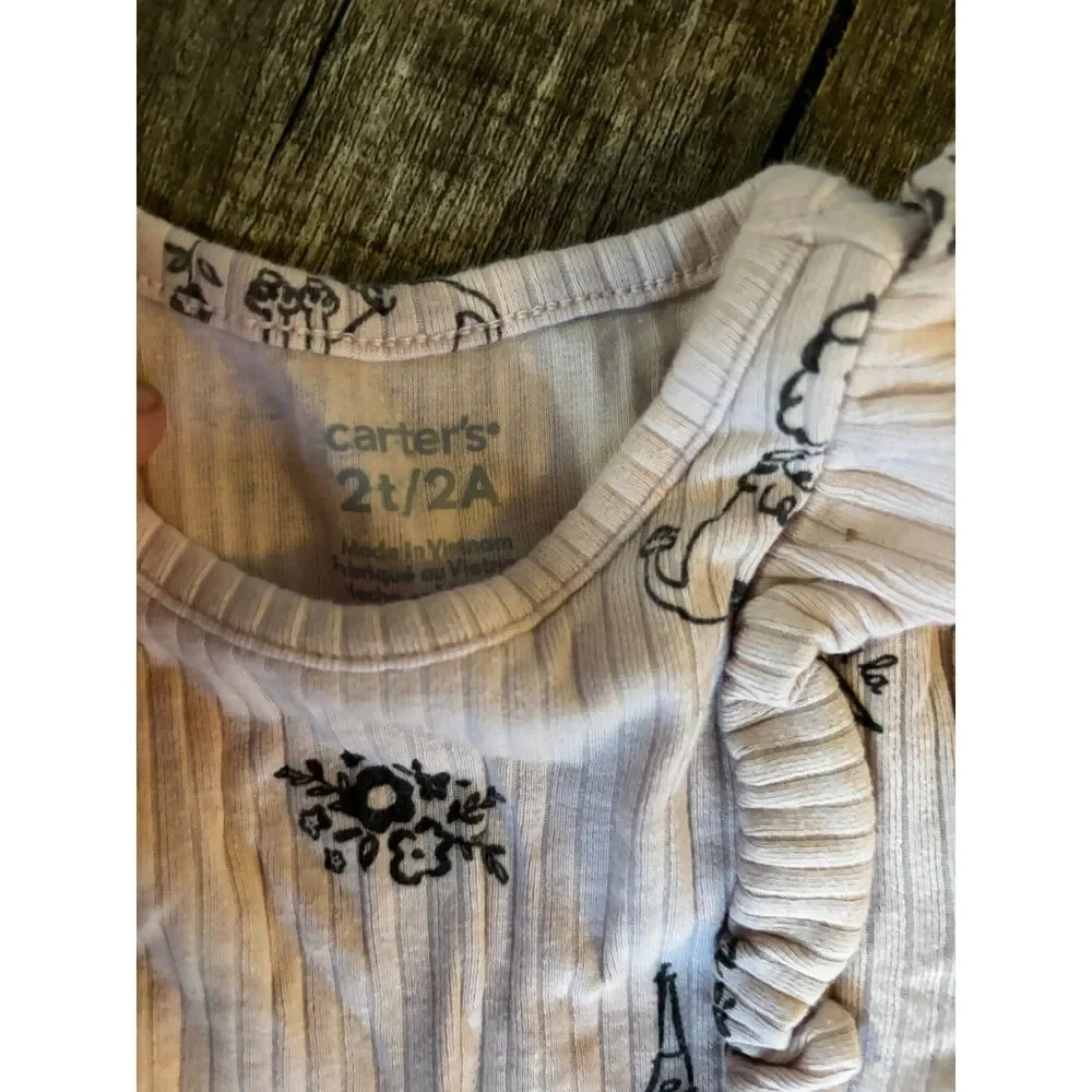 Carter’s Girls Dress 2T Long Sleeve Ribbed Cream Paris Print Ruffle‎ Casual